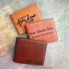 Let us help you create a meaningful, monogrammed wallet that is created with full grain leather and custom engraved with care in our studio in Boston. Celebrate with a gift that commemorates an anniversary, a surprise on their birthday, or perfect holiday present. Use your very own handwriting, the signature of a beloved family member, your child's drawing, or a photograph to have specially engraved on the leather. Or select from one of our fabulous font styles to or monogram options for graduat Brown Wallet For Father's Day, Personalized Leather Trifold Wallet Gift, Brown Wallets For Father's Day, Personalized Leather Trifold Wallet For Everyday Use, Personalized Leather Trifold Wallet, Personalized Brown Leather Trifold Wallet, Personalized Leather Wallet Rectangular, Customizable Leather Wallets For Gifts, Customizable Leather Wallets As Gifts