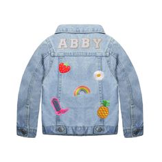 Customize this denim jacket with your name and patches; make it uniquely yours! Jacket comes with 5 patches of your choice and chosen name in white chenille patch letters backed with gold glitter. Patches will be randomly placed unless otherwise specified.  Here's what to do: 🏍Choose Your patches 🏍List the Name you would like LIST THE ABOVE IN THE NOTES TO SELLER BOX AT CHECKOUT!  Please message us.*Our current processing time for most items is 5-7 business days + shipping time. We are not responsible for USPS delays and cannot guarantee any delivery dates Customizable Denim Jacket For Fall, Customizable Long Sleeve Denim Jacket, Trendy Customizable Long Sleeve Denim Jacket, Customizable Denim Jacket, Customizable Long Sleeve Denim Outerwear, Trendy Denim Jacket With Embroidered Patch, Patch Jean Jacket, Patch Denim Jacket, Patch Letters