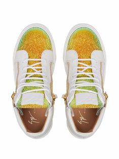 Gold/white/green leather blend Kriss-high-top trainers from Giuseppe Zanotti featuring front lace-up fastening, zip detail, metallic finish and flat rubber sole. | Giuseppe Zanotti Kriss-high-top sneakers Green Leather, Hoka Running Shoes, Sneakers White, Giuseppe Zanotti, Lace Front, High Tops, High Top Sneakers, Lace Up, White Gold