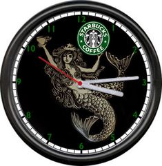 a starbucks clock with a mermaid holding a cup