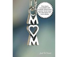 This solid sterling silver charm is of the word MOM, using a heart for the letter O.  A sweet gift idea for a much loved mom, new mommy or an expectant mother-to-be!  The charm measures approximately 17mm tall and 5mm wide.  This listing contains multiple photos and a detailed description (keep scrolling down for additional information!) If you have any other questions, please don't hesitate to ask.Material: solid .925 sterling silverSize (mm): 17mm tall and 5mm wideSize (inches): a little more Mother's Day Charms For Mom, Mother's Day Charms Gift For Mom, Mother's Day Gift For Mom Charms, Heart Charm Jewelry For Mother's Day, Personalized Charms For Anniversary And Valentine's Day, Sterling Silver Jewelry For Mother's Day, Personalized Silver Charms For Mother's Day, Personalized Sterling Silver Charms For Valentine's Day, Silver Engraved Charms For Mother's Day