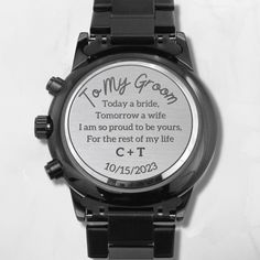 We know that your big day is so important, so we designed the perfect engraved watch gift for your groom. Personalized with the bride and grooms initials along with the day of their union makes this a wonderful keepsake from your wedding day.  A personalized gift that can withstand constant use, this Engraved Design Black Chronograph Watch is the perfect gift for all the special men in your life. A thoughtful groomsmen gift, an anniversary memento, or a long-lasting keepsake for Father's Day - it's a versatile piece sure to warm hearts and create smiles. Featuring a three-dial face, calendar function, and luxury pointer in a water-resistant and scratch-proof vessel.  Made from high-quality Stainless Steel and featuring a Copper Dial. Ships in a gift box - so it can be sent directly to your Luxury Watch Box, Engraved Watch, Sons Graduation, Bonus Mom, Personalized Watches, Watch Engraving, Watch Gift, Engraved Design, Christmas Gift For Dad