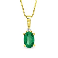 Set a sophisticated tone with this oval-shaped green emerald and diamond accent stacked pendant, a simple design that fits any occasion with ease. Fashioned in 14K gold This style glistens with a 6.0 x 4.0mm oval-shaped verdant-green emerald. A single diamond accent tops the look with a touch of sparkle. The pendant suspends along an 18.0-inch box chain that secures with a spring-ring clasp. Classic Yellow Gold Emerald Necklace With Oval Pendant, Classic Oval Emerald Necklace For May Birthstone, Classic Oval Emerald Birthstone Necklace, Classic Oval Emerald Necklace In Yellow Gold, Classic Yellow Gold Oval Emerald Necklace, Elegant Oval Emerald Necklace In Yellow Gold, Oval Emerald Necklace With Diamond Accents, Oval Green Emerald Necklace With Diamond Accents, Oval Emerald Necklace In Yellow Gold