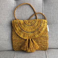 Brand New With Tag! Never Used! Summer Yellow Crossbody Bag, Spring Yellow Crochet Bag For Travel, Yellow Crossbody Beach Bag, Casual Yellow Crochet Travel Bag, Yellow Straw Shoulder Bag With Adjustable Strap, Yellow Straw Shoulder Bag For Spring, Summer Yellow Straw Shoulder Bag, Yellow Summer Shoulder Bag, Yellow Straw Bag With Adjustable Strap For Vacation