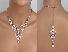 two different views of a woman's necklace and earring on mannequins