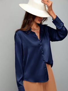 Women's Solid Color Long Sleeve Elegant Office Blouse Navy Blue Elegant  Long Sleeve Satin Plain Shirt Non-Stretch Spring/Fall Women Clothing, size features are:Bust: ,Length: ,Sleeve Length: Office Blouse, Backless Halter Top, Pyjama Satin, Silk Satin Fabric, Elegant Office, Fairy Fashion, Plain Shirt, Plain Shirts, Seamless Leggings