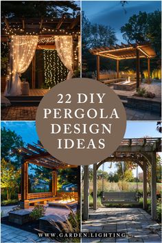 a collage of photos of pergola designs with a gazebo and a bench Modern Outdoor Pergola Ideas, Pergola With Curtains And Lights, Mediterranean Backyard Ideas Patio, Privacy Pergola Ideas, Pergalo Ideas Pergolas, Outdoor Pergola Ideas Backyards, Pergola Patio Decor Ideas, Pergola Styles