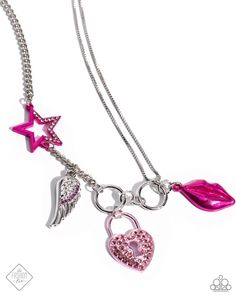 Joined by a classic silver chain and box chain links, two rings layer below the collar in a fierce fashion. An electric pink pair of lips, a detailed silver angel wing with embellished pink rhinestones, and a pink rhinestone-embellished heart padlock drip from the glistening layers, adding a pop-punk shimmer to the show-stopping piece. A fuchsia star embellished with white rhinestones on one side is infused along the classic chain for additional color and glitz. Features an adjustable clasp clos Valentine's Day Punk Party Jewelry, Party Charm Necklace With Silver Chain, Pink Rhinestone Necklace For Valentine's Day, Metal Charm Necklaces For Party, Trendy Pink Charm Necklace, Trendy Metal Charm Necklaces For Party, Trendy Metal Charm Necklace For Parties, Trendy Pink Necklace With Charms, Party Charm Necklaces With Silver Chain