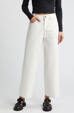 Relaxed yet dramatic, these white-washed jeans are cut from nonstretch organic-cotton denim in Los Angeles with a slouchy waist and full-length wide legs. 29 1/2" inseam; 22" leg opening; 10 1/2" front rise; 15" back rise (size 29) Zip fly with button closure Five-pocket style 100% organic cotton Machine wash, tumble dry Made in the USA of imported materials Everyday White Cropped Leg Jeans, White Cropped Leg Jeans For Everyday, White Five Pocket Jeans For Spring, White Jeans With Five Pockets For Spring, White Five-pocket Jeans For Spring, White Spring Jeans With Five Pockets, Everyday White Straight Leg Bottoms, White Straight Leg Bottoms For Everyday, Everyday White Cropped Leg Pants