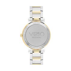 Movado | Vizio watch with two tone bracelet and white dial Modern Formal Watch Accessories With Rotating Bezel, Modern Formal Watches With Rotating Bezel, Modern Quartz Watches For Anniversary, Modern White Gold Watch With Rectangular Dial, Modern White Gold Watches With Rectangular Dial, Modern Watch Accessories With Metal Dial For Anniversary, Modern Yellow Gold Diamond Watch With Round Dial, Modern Anniversary Watches With Metal Dial, Modern Formal Jewelry And Watches With Polished Finish