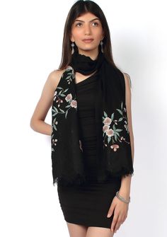 Indulge in the timeless allure of our black cashmere scarf. Its delicate multi-colored floral embroidery combined with tonal black filigree lace at the ends, creates an exquisite blend of sophistication and uniqueness. This scarf offers both warmth and style, making it a must-have accessory for any occasion. Black Cashmere Scarf, Gifted Hands, Cashmere Scarf, Floral Embroidery, Provence, Multi Colored, Neck Tie, Must Haves, Cashmere