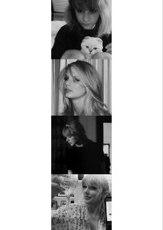 four different pictures of women with long hair and one has a cat on her shoulder