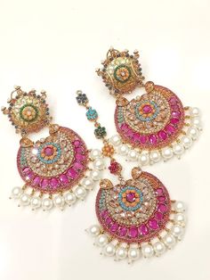 Earrings tikka set Multicolor Chandbalis With Intricate Design For Weddings, Multicolor Chandbali Bridal Earrings With Intricate Design, Multicolor Kundan Bridal Earrings With Intricate Design, Multicolor Intricate Chandbali Bridal Earrings, Multicolor Bridal Earrings With Intricate Design For Diwali, Multicolor Intricate Bridal Earrings For Diwali, Multicolor Bollywood Bridal Earrings With Intricate Design, Fusion Kundan Wedding Sets, Fusion Style Kundan Wedding Sets