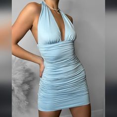 This Item Is New With Tags. Only Worn In Picture For Reference. It's So Cute But It Just Doesn't Go With My Body Type. No Damage Or Stains. Slip On. No Zipper And Neck Goes Over, No Tying Needed. Light Blue Backless Mini Dress, Casual Blue Backless Mini Dress, Chic Light Blue Backless Dress, Blue Halter Neck Bodycon Dress For Summer, Light Blue Casual Backless Dress, Casual Light Blue Backless Dress, Flirty Blue Backless Mini Dress, Light Blue Stretch Backless Dress, Chic Light Blue Backless Mini Dress