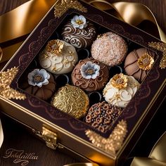 a box filled with lots of different types of chocolates on top of a table