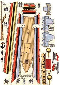 an old paper model of a boat with many different types of parts on it's sides