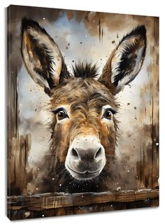 a painting of a donkey looking over a fence with its head turned to the side