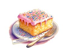 a piece of cake with pink frosting and sprinkles on a plate