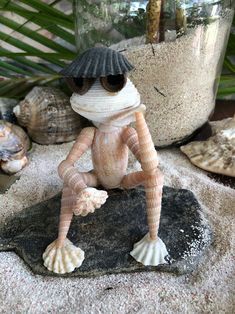 a small stuffed animal sitting on top of a rock in the sand next to sea shells