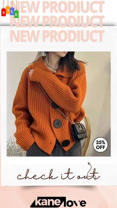 Women Winter Fashion Loose Twist Lapel Knitted Sweater Casual Orange Winter Sweater, Acrylic Sweater With Button Closure For Fall, Winter Orange Cardigan With Buttons, Orange Winter Cardigan With Buttons, Orange Buttoned Winter Cardigan, Orange Acrylic Winter Sweater, Casual Orange Cardigan For Winter, Winter Knitted Orange Outerwear, Winter Orange Knitted Outerwear