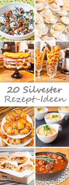 several pictures of different foods and dishes on a table with the words 20 silvester rezept ideenn