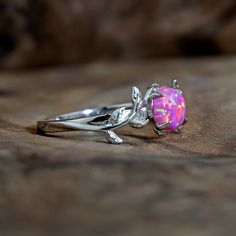 Silver Leaf Branch Rose Pink Opal Ring Pink Opal Ring, Blue Opal Ring, Cute Engagement Rings, Leaves Design, Dainty Tattoos, Crystal Figurines, Opal Ring, Pink Opal, Pink Pink