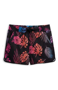 A '90s-inspired lace-up closure and dolphin hem bring some extra fun to these stretchy, high waist board shorts featuring built-in sun protection for the win. 2 1/2" inseam Zip fly with snap closure; lace-up closure Front slant pockets; back patch pocket with drainage grommet UPF 50+ sun protection 92% recycled polyester, 8% spandex Machine wash, tumble dry Imported Trendy High Waist Swimwear With Built-in Shorts, Trendy High-waist Swimwear With Built-in Shorts, Stretch Tropical Shorts, Casual High-waisted Swim Shorts For Vacation, Casual Surfing Athletic Shorts With Built-in Shorts, Poolside Tropical Print Shorts, Trendy Swimming Shorts For Summer, Spring Swimwear With Built-in High-waisted Shorts, Casual Swimming Tie-side Bottoms