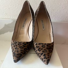 Leopardino Bb Pumps By Manolo Blahnik. Light Wear On Soles As Pictured, Otherwise Excellent Barely Worn Condition. Manolo Blahnik Leopard-Print Suede Pump. 4.3" Covered Heel. Shoes Manolo Blahnik, Manolo Blahnik Heels, Blahnik Shoes, Manolo Blahnik Shoes, Suede Pumps, Manolo Blahnik, Shoes Women Heels, Leopard Print, Shoes Heels