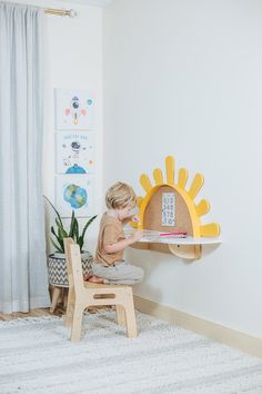 The Listing consists: ONE "SUN" Table + ONE Chair This wall-mounted table with cork board (or mirror) is a great idea for apartments and smaller shared rooms. Product features: ✔️ Developmental Needs: Children have different physical and cognitive requirements compared to adults. A table that is specifically designed for their size and needs can provide them with an appropriate work surface and seating height, which promotes proper posture and comfort during various activities. ✔️ Conforms to th Playroom Mirror, Toddler Desk, Boho Style Nursery, Montessori Table, Kids Desks, Baby Mirror, Wall Mounted Table, Montessori Method, Yellow Mirrors