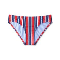 Add eye-catching stripes to your swimwear with this Striped Hipster Bikini Bottom from Kona Sol™. This hipster bikini bottom with a classic silhouette showcases blue, red and white vertical striped print. The soft, stretchy fabric provides comfortable movement, and the fully-lined opaque construction offers plenty of coverage for confident wear. Pair with a matching bikini top for a coordinated set or with other swim tops for an endless array of styling options. Kona Sol™: Made for your day in t Striped Tie-side Swimwear Bottom, Striped Tie-side Swimwear For Swimming, Striped Tie-side Swimwear, Striped Stretch Swimwear For Sunbathing, Striped Stretch Tankini For Pool, Beachwear Swimwear With Contrast Stripes For Pool, Striped Stretch Swimwear For Swimming, Swimwear With Contrast Stripes For Beach Season, Beachwear Swimwear With Contrast Stripes