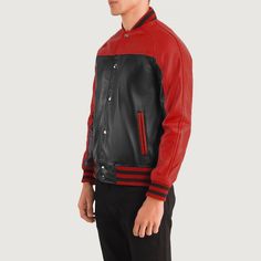 Classic Red Varsity Jacket For Streetwear, Sporty Varsity Jacket With Padded Collar, Fitted Varsity Jacket For Workwear, Fitted Varsity Jacket With Ribbed Cuffs And Baseball Collar, Leather Varsity Jacket With Ribbed Cuffs, Classic Leather Varsity Jacket For Streetwear, Black Sporty Varsity Jacket With Padded Collar, Sporty Varsity Jacket With Contrast Trim For College, Sporty Leather Jacket With Ribbed Cuffs