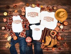 Looking for a cute, funny, matching set of cute Thanksgiving tee shirts for all the extended family cousins big and small Thanksgiving 2023?  This trendy group of collegiate style distressed crewneck shirts are perfect for for Thanksgiving dinner, or watching or watching football on the tv!  There are matching adult, youth, toddler tshirts and baby bodysuits, all sold separately.  These are a great way to celebrate a new cousin, baby's first thanksgiving  too! This delightful gag holiday crewneck tshirt set also makes a great gift for the grandkids!  They are great for putting with bottoms for a matching family group, or for heading out for a fall Thanksgiving party or for lounging on the holidays.  Spread a little holiday spirit wherever you go while being comfortable and looking great! First Birthday Family Shirts, Matching Thanksgiving Shirts, Babys First Thanksgiving, Pumpkin Family, Cousin Crew, Happy Pumpkin, Pumpkin Birthday, Halloween Family, First Thanksgiving