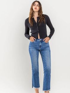 72% Cotton, 25% Polyester, 2% Viscose Rayon, 1% Spandex Comfort Stretch Denim Medium Wash High Rise Kick Flare Rise: 10" Inseam: 26.5" Zipper Fly Button Closure Raw Step Hem Add these staple jeans to your wardrobe today! Our High Rise Raw Hem Cropped Kick Flare Jeans can be worn during any season & goes with a variety of outfits. Style with a tee or sweater, gold jewelry, white sneakers & a matching handbag. 📦 Free standard shipping on orders $150 or more 🛍️ Free in-store pick up at La Grange Versatile Mid-rise Flare Jeans For Fall, Versatile Dark Wash Flare Jeans For Fall, Stretch Flare Jeans For Everyday Fall Wear, Fitted Dark Wash Jeans For Winter, Versatile Stretch Flare Jeans For Spring, Spring Stretch Flare Jeans, Stretch Medium Wash Tops For Everyday, Dark Wash Stretch Tops For Fall, Stretch Tops In Medium Wash For Everyday