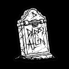 a black and white drawing of a tombstone with graffiti on it's side, against a dark background