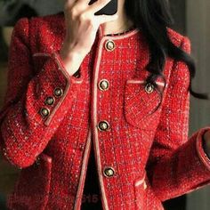 Red Tweed Blazers Women New Autumn Winter Loose New Single-Breasted Suit Jacket  | eBay Red Jacket Women, Tweed Blazer Women, Winter Fashion Jackets, Casual Professional, Plaid Outfits, Wool Coat Women, Retro Mode, Tweed Coat, Retro Halloween