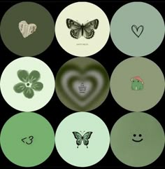 six different colored circles with hearts, flowers and butterflies on them in the middle one has a green heart