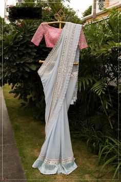 Hand Embroidery Work, Ice Blue Color, Sari Design, 19 August, Modern Saree, Sari Dress, Blush Pink Color, Saree Gown, Saree Blouse Patterns