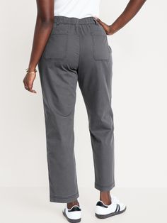 elasticized back waist button front belt loops zip fly diagonal front pockets back patch pockets sits at belly button relaxed hip and thigh straight leg hits at ankle 26" regular inseam 24" petite inseam 30" tall inseam models are approx.  5'9" and wear sizes s (4), l (12), and xl (18)machine wash according to the care instruction label Fall Utility Jeans With Elastic Waistband, Utility Style Workwear Jeans With Elastic Waistband, Casual High Rise Pants With Hip Pockets, Relaxed Fit Straight Leg Cargo Pants With Elastic Waistband, Everyday Mid-rise Pull-on Bottoms, Versatile Mid-rise Pants With Comfort Waistband, High Rise Casual Pants With Elastic Waistband, Mid-rise Utility Bottoms For Elevated Casual, Casual Mid-rise Cargo Pants With Elastic Waistband