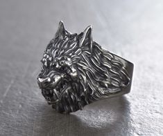 Sterling Silver Ring Werewolf, Wolf Ring, Werewolf Lovers Gift, Werewolf Jewelry, Fantasy Gift, Handmade Jewelry Embrace the wild werewolf spirit with our adorable sterling silver werewolf ring. This expertly crafted ring showcases the mythical creature in stunning detail, making it a bold and unique piece of jewelry. Crafted from high quality sterling silver, this ring features an intimidating werewolf design and textured details. Piercing eyes and a snarling expression exude power and mystery, Serpent Jewelry, Male Jewelry, Wolf Ring, Fox Jewelry, European Men, Wolf Necklace, Fantasy Gifts, Wolf Jewelry, Silver Wolf