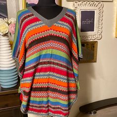 Women Multiple Color Poncho Sweater Size S Poncho Sweater, Multiple Color, Ponchos, Orange Red, Color Orange, Sweater Sizes, Sweaters For Women, V Neck, Orange