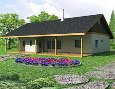 this is a computer rendering of a house with flowers in the front yard and landscaping around it