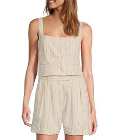 Suri Pin Stripe Square Neck Sleeveless Vest | Dillard's Sleeveless Linen Vest For Daywear, Beige Tank Top For Daywear, Beige Vest For Summer Daywear, Fitted Sleeveless Linen Vest, Cropped Summer Workwear Vest, Summer Cropped Workwear Vest, Summer Workwear Cropped Vest, Sleeveless Linen Tank Top For Daywear, Beige Linen Sleeveless Tank Top