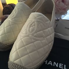 Just Sharing My Newest And Favorite Pair Of Chanel Espadrilles! Had To Get Them From Paris. They Weren’t Available In The Us. Sold Out Luxury Leather Sole Slip-on Espadrilles, Luxury Espadrilles With Rubber Sole And Round Toe, Luxury Round Toe Espadrilles With Rubber Sole, Luxury Espadrilles With Textured Sole And Round Toe, Designer Spring Espadrilles With Textured Sole, Designer Closed Toe Espadrilles With Branded Insole, Luxury Spring Flat Espadrilles, Designer White Espadrilles With Round Toe, Designer Leather Sole Espadrilles For Spring