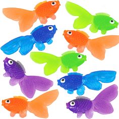 small plastic fish with different colors and sizes