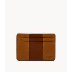 This leather card case features 1 ID window and 3 credit card slots. Fossil leather products support responsible manufacturing via the Leather Working Group. Modern Leather Card Holder With Interior Slots, Modern Brown Wallets With Rfid Blocking, Modern Leather Card Holder For Business, Brown Rfid Blocking Card Holder For Business, Modern Leather Business Card Holder, Leather Card Holder With Id Window For Formal Use, Modern Wallet With Id Window For Business, Modern Card Holder With Card Slots, Formal Leather Card Holder With Id Window