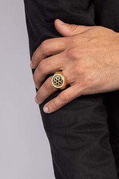 Taking the cake, ringing the bell, jumping for joy... all appropriate when wearing this beauty. The Club Ring was an experiment in can I do it. And since then it's been a staple of the line. The 22K version is very impressive feeling. 22K gold. Made by hand in our foundry in Los Angeles.