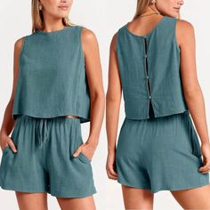 Nwt New Linen Two Piece Solid Set Top Shorts Tie High Waist Adjustable Forest Green Teal Solid Color New With Tags Excellent Condition- No Visible Flaws Roomy & Loose Fit Back Buttons Sleeveless Two Side Pockets Machine Washable 30% Linen 70% Rayon Xs=0,2; S=4,6; M=8,10; L=12; Xl=14,16 Please Comment, If Any Questions Below! Other Listings: Boho, Western Bohemian, Anthropologie, Free People, Johnny Was, Antique, Ancient, Zara, Gypsy, Breeze, Beachy, Indie, Airy, Rockabilly, Comfortable, Lightwei Blue Solid Color Shorts For Vacation, Blue Shorts For Vacation, Solid Color Short Top For Summer, Summer Solid Color Short Top, Short Solid Color Summer Tops, Vacation Tops With Pockets Short Length, Short-length Tops With Pockets For Vacation, Short Length Tops With Pockets For Vacation, Chic Short Blue Tops