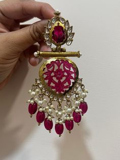 Beautiful dangler earrings with Kundan gold detailing available in  stunning Pink color ! They add elegance to every outfit! Gold Plated Chandbalis With Intricate Design For Diwali, Fusion Kundan Jhumkas Drop Earrings, Kundan Fusion Jhumkas, Festive Gold Plated Cutdana Danglers, Fusion Style Kundan Jhumkas, Festive Fusion Kundan Jhumkas, Festive Gold Plated Danglers With Cutdana, Navratri Kundan Bridal Earrings With Intricate Design, Elegant Bridal Earrings For Wedding And Navratri