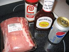 meat, sauces and condiments are sitting on the stove top next to each other