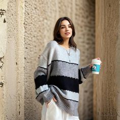 Lasaky - Relaxed Oversized Sweater Coat with Vintage Contrasting Color Design and Striped Knit Sweater Feel Oversized Sweater Coat, Striped Knitwear, Striped Knitted Sweater, Oversized Sweater Cardigan, Oversized Knit Cardigan, Cardigan Vintage, Black F, Oversize Knit, Cardigan Outfits